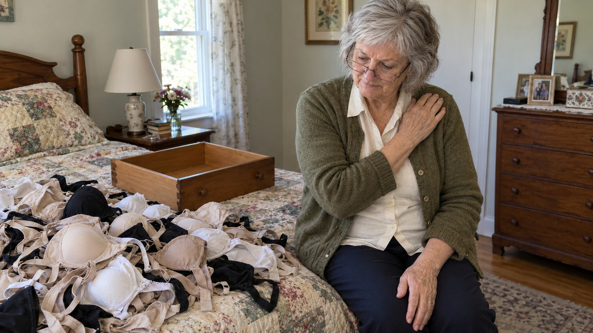 Susie's whole bra drawer dumped on the bed: more than twenty bras, every one built the same way