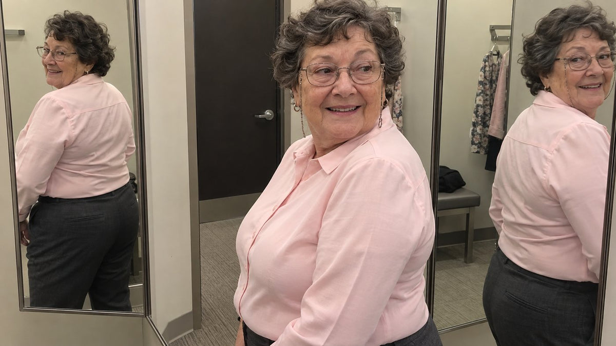 Darlene, 72, checks her back in the three-way mirror: smooth under a fitted blouse