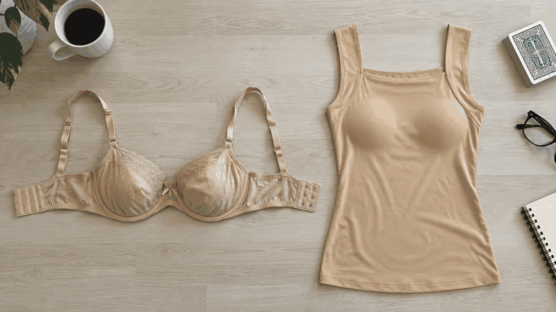 A bra made for a young body next to the tank: nothing to fasten, and something that holds