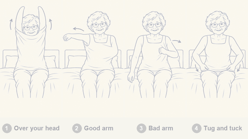 How Ruth puts it on: over her head, good arm, bad arm, tug and tuck