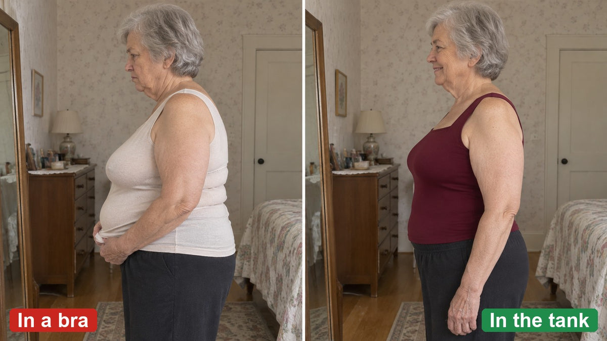 From the side in a bra, a sagging front and a bump at her middle; in the tank, one smooth line from chest to waistband