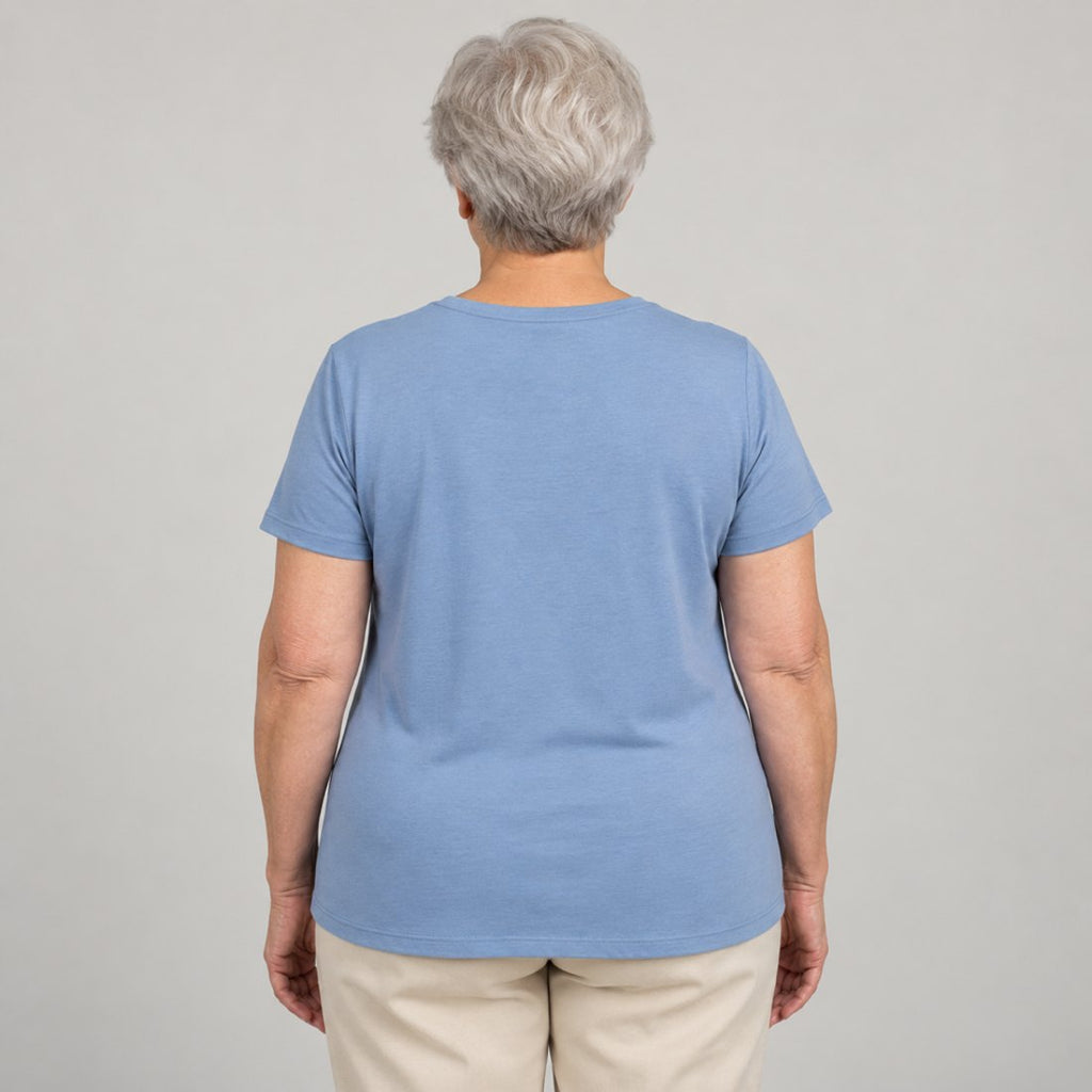 Back view in soft blue, no bra lines