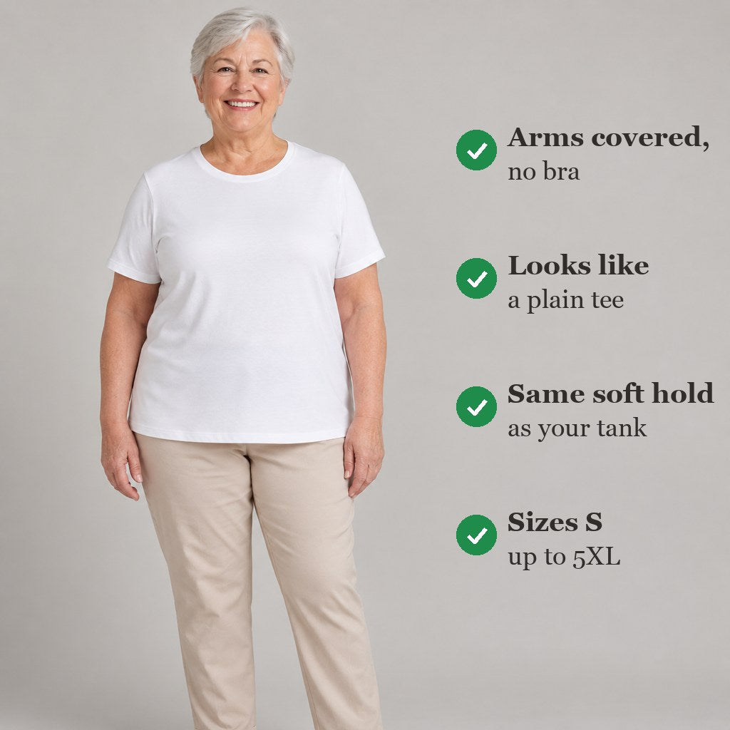 Arms covered with no bra, looks like a plain tee, sizes S to 5XL