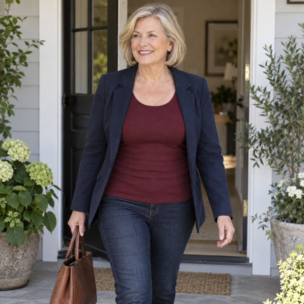 Susie’s Ribbed Long-Sleeve Built-in Bra Top worn as an everyday layer