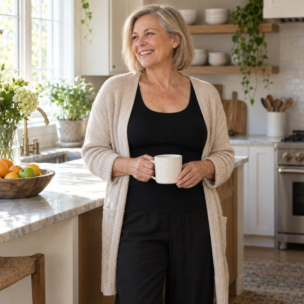 Susie’s Ribbed Cotton Built-in Bra Tank worn as an everyday layer