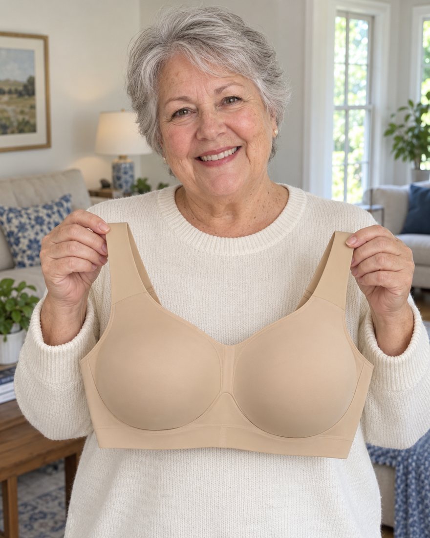 A woman about seventy holding up the sand wire-free support bra