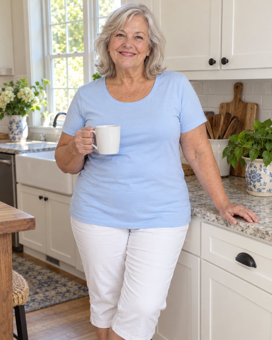 A woman about seventy in a soft blue built-in bra T-shirt