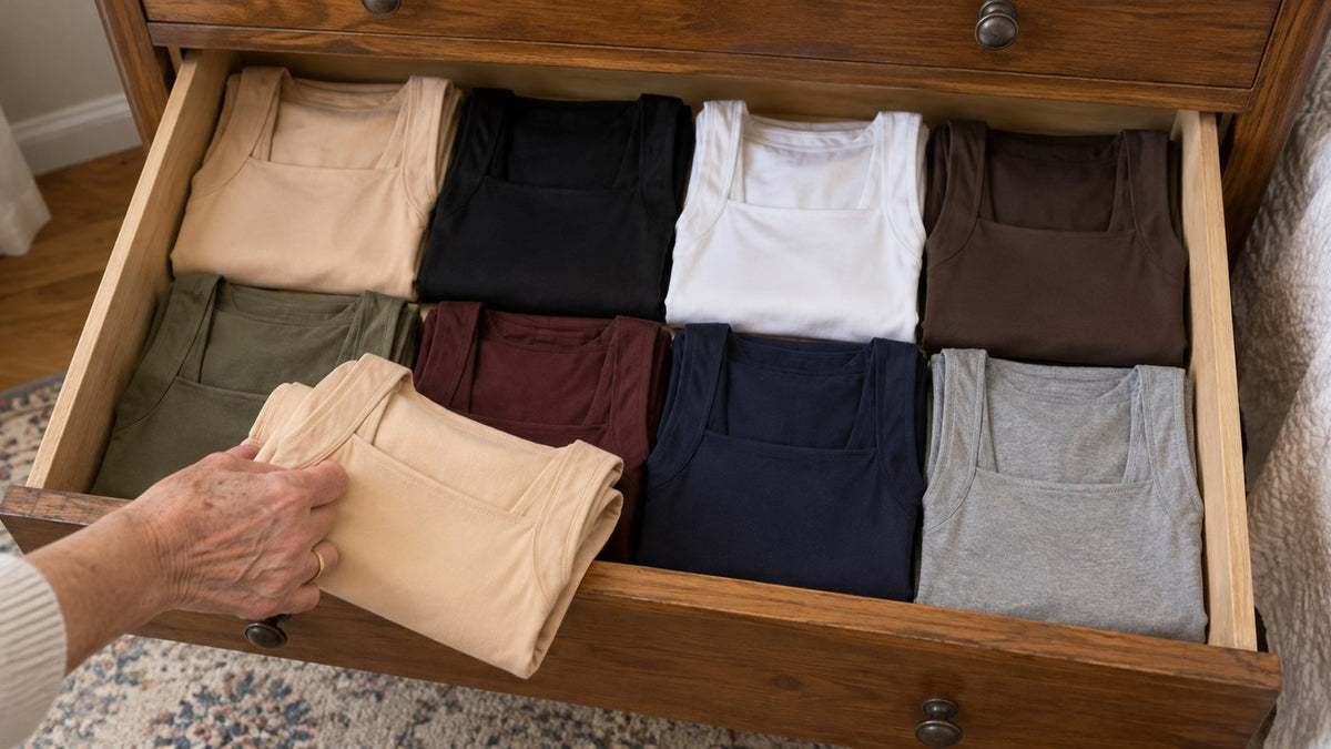 A drawer of tanks in eight colors