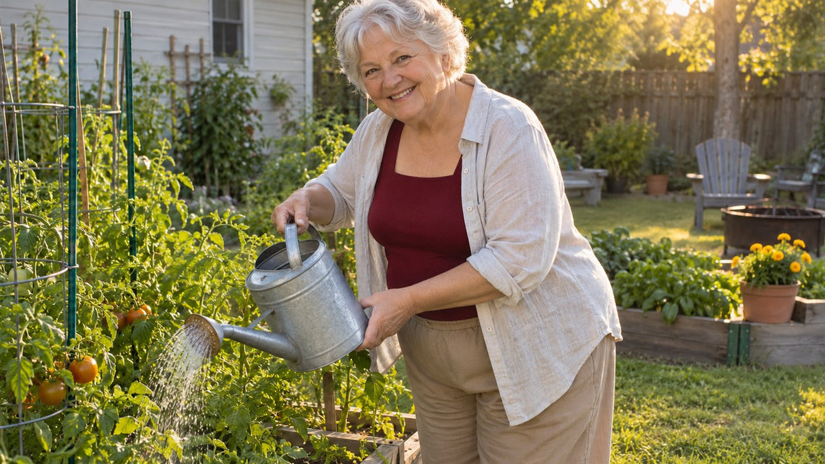 A woman of 74 lifting a watering can in her garden, wearing the tank under an open linen shirt