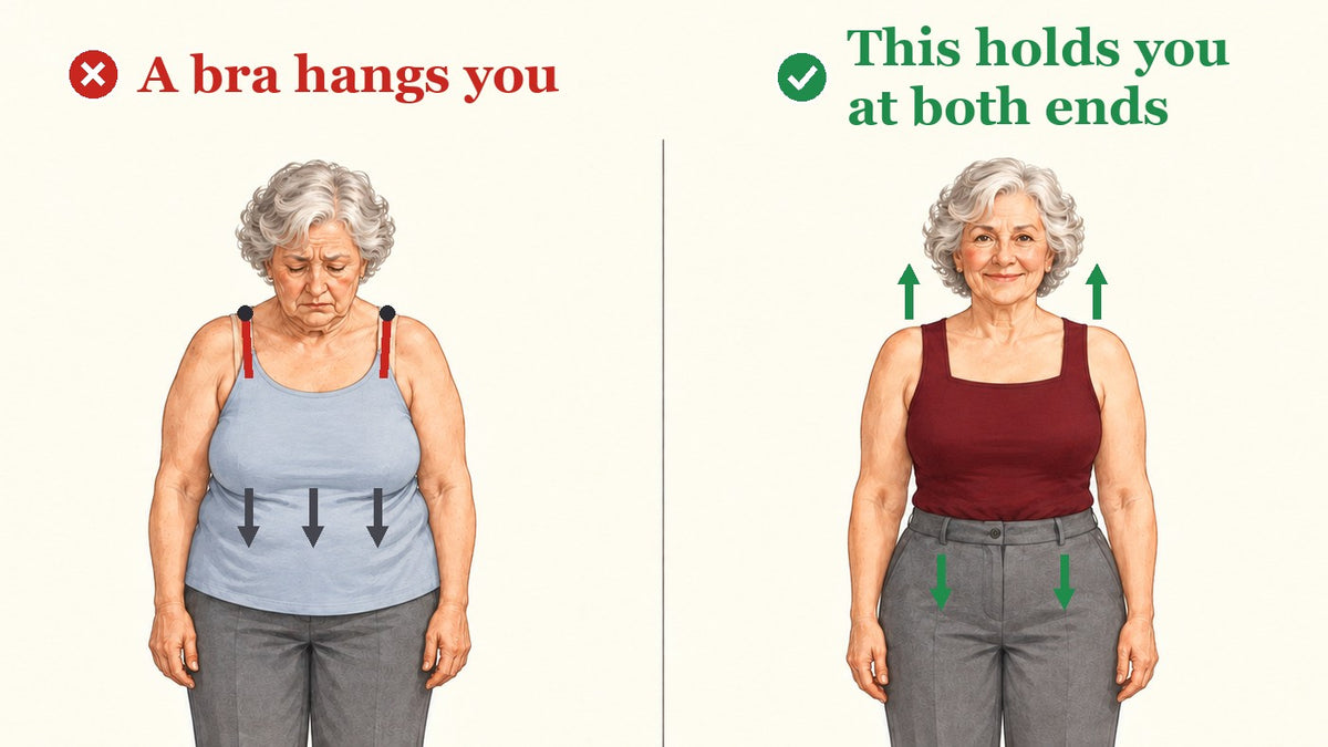 A bra hangs you from two thin straps; the tank holds you at the shoulders and at the tucked waist