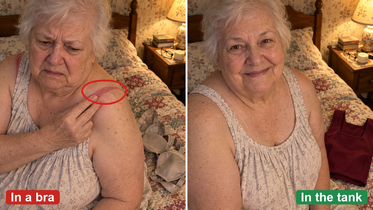 At night after a day in a bra, a red strap groove on her shoulder; after a day in the tank, her shoulder is smooth