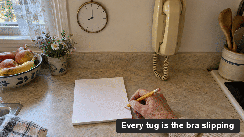 Tally marks by the kitchen phone, one for every tug of a slipping bra strap