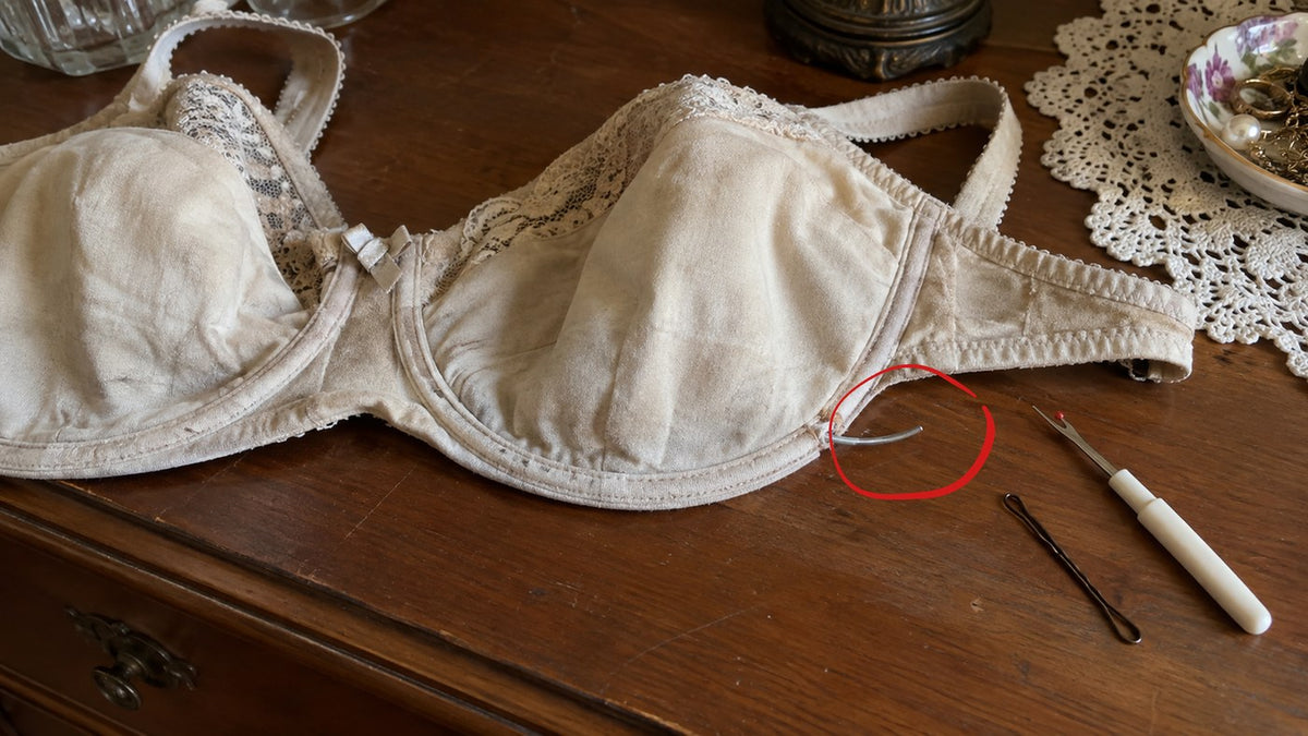 An old underwire bra with the wire poking out through the side